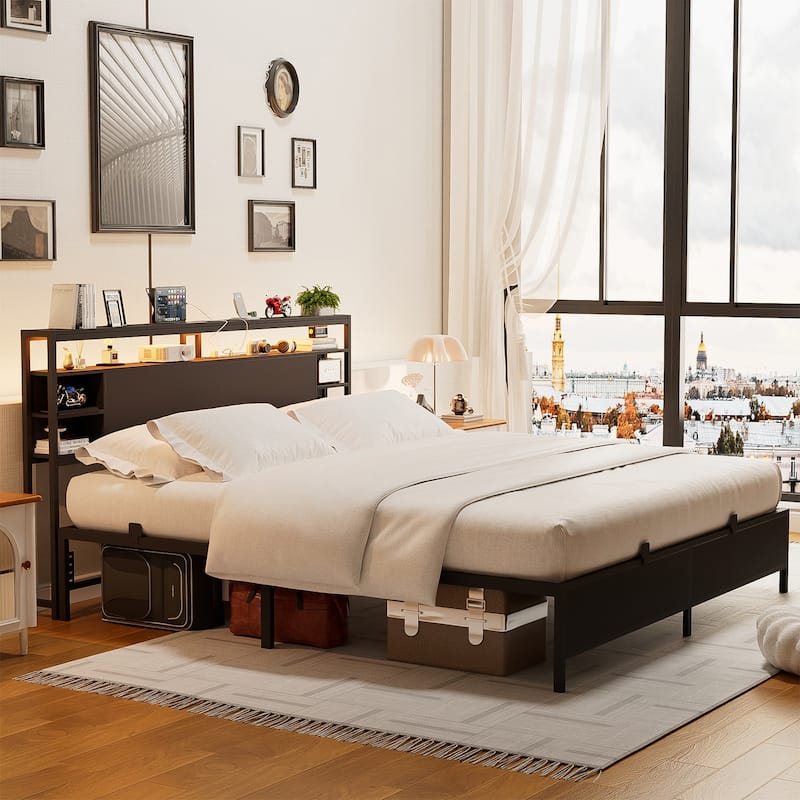 Bed Frame with Charging Station and RGB LED Lights, Sturdy Platform Bed with Storage Headboard,