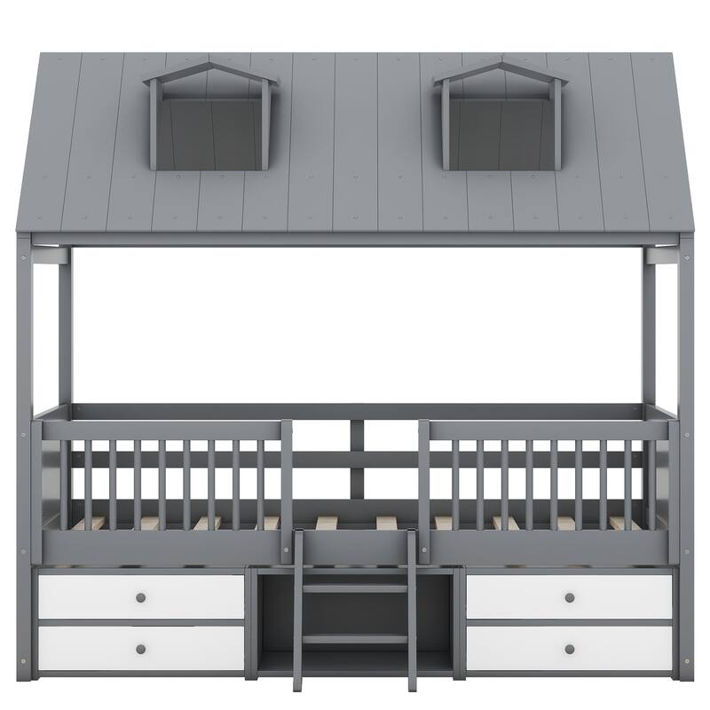 House Bed Wood Low Loft Bed House-shape Frame Bed with 2 Roof Skylights, Kids Storage Bed with 4 Drawers, Guardrail and Stairs