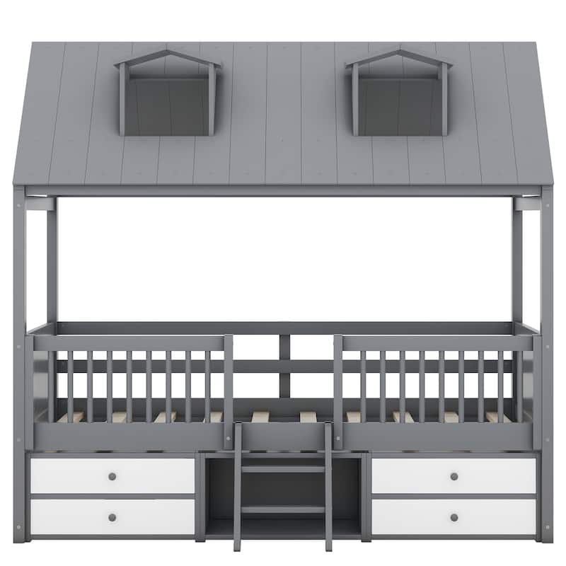 Twin Size Wood Bed House Bed Frame w/ Ladder, Safety Guard Rails, White