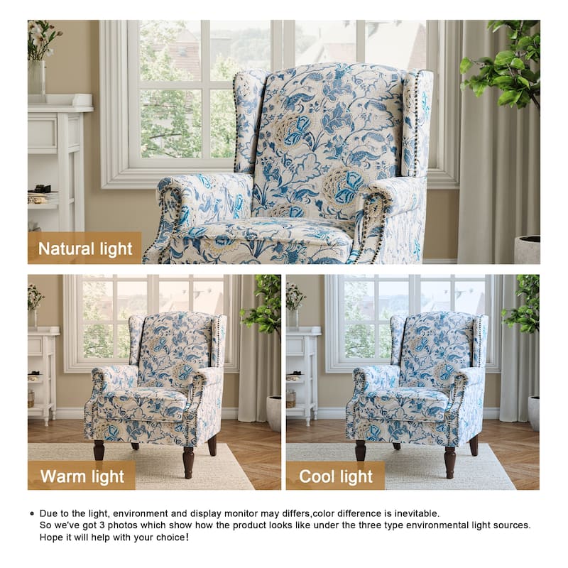 Traditional Floral Patterned Wingback Armchair with Nailhead Trim