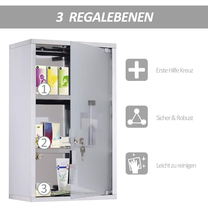 Wall Mounted Medicine Cabinet with Shelves and Lockable with 2 Keys