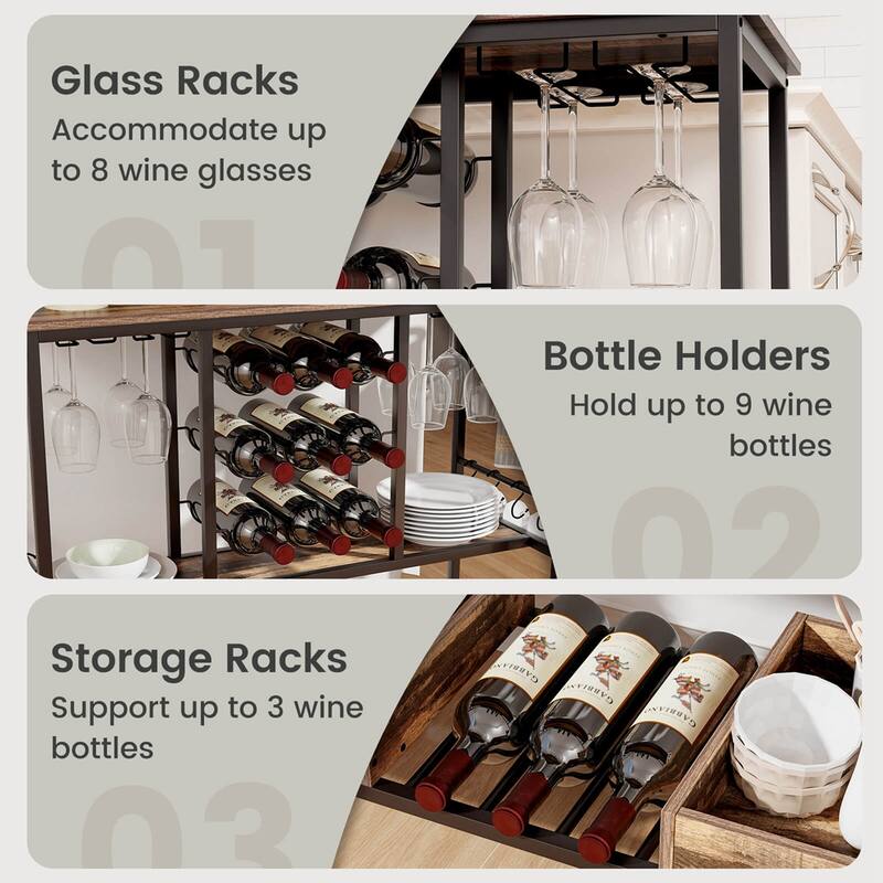 Costway 3 Tiers Bar Cart Home Serving Cart on Wheels with Glass Racks - See Details