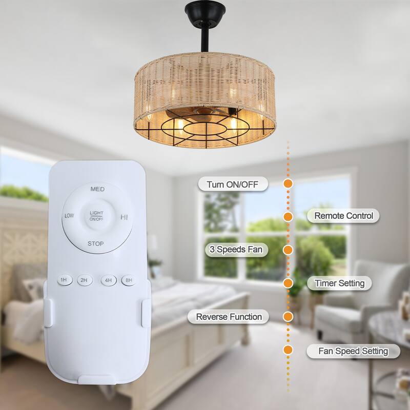 Cusp Barn 18 Inch Boho Caged Ceiling Fan, Farmhouse 6-Light Fandelier with 3 Speeds, Woven Rattan Chandelier for Bedroom