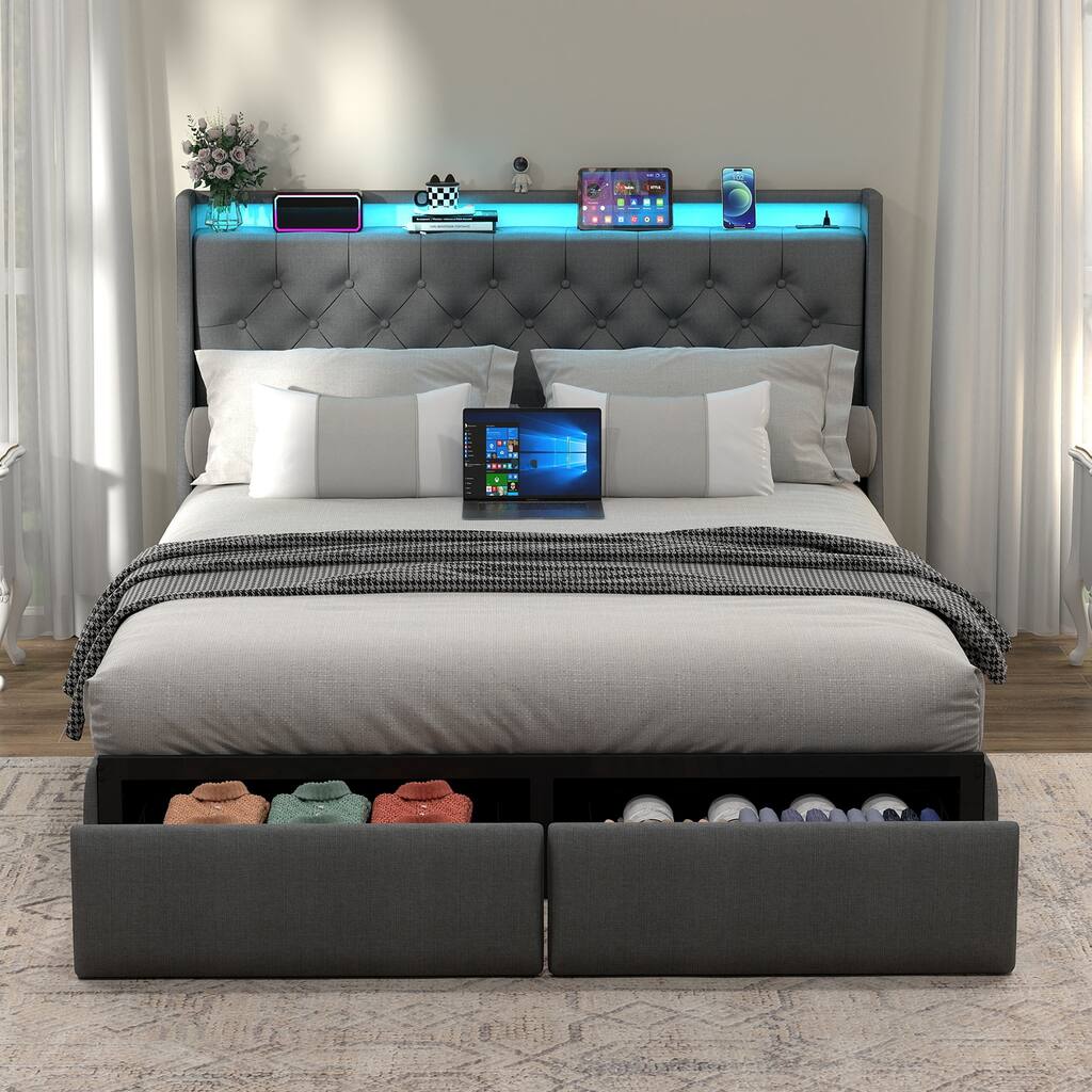 Queen Size Bed Frame with Storage Headboard, RGB LED Light & USB Charging Station - Grey