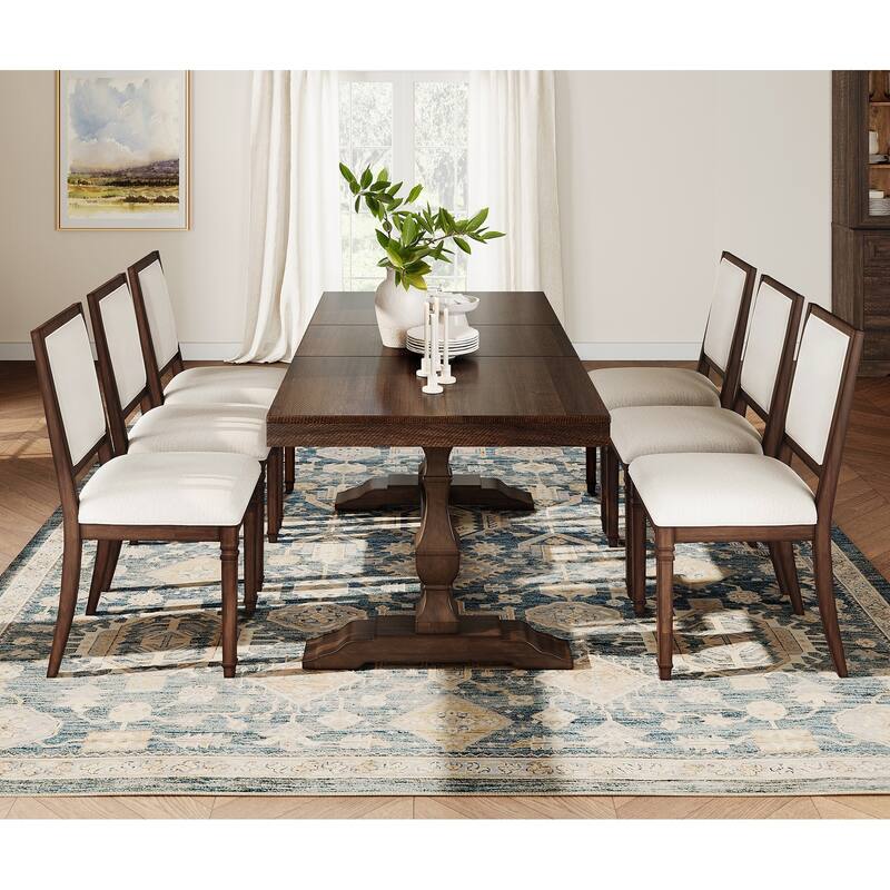 7-pieces Farmhouse Dining Table Set for 6, 74.8" Kitchen Table with Chairs, Solid Wood Legs and Upholstered Back