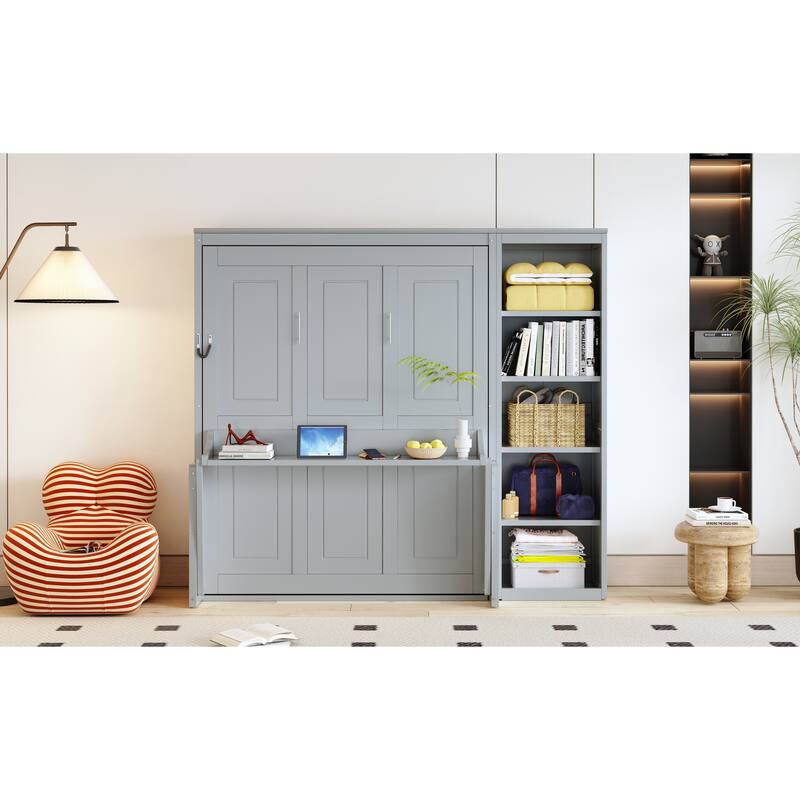 Space-Saving Full Size Murphy Bed with Built-in Desk and Bookshelves in Gray