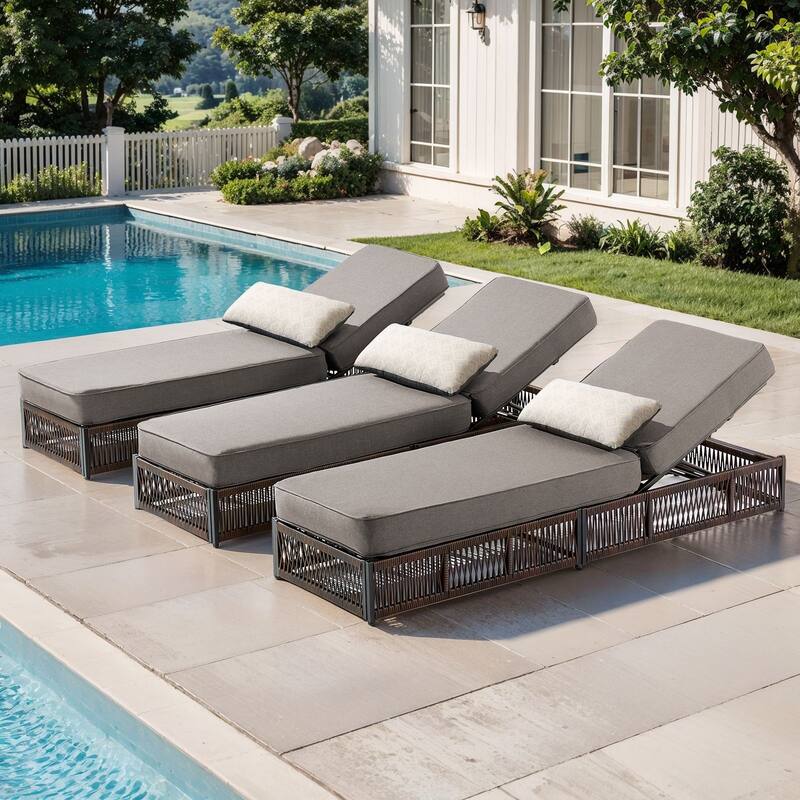 Pocassy 3 Pieces Patio Lounge Chair with Adjustable Backrest - Brown Wicker Gray Cushion