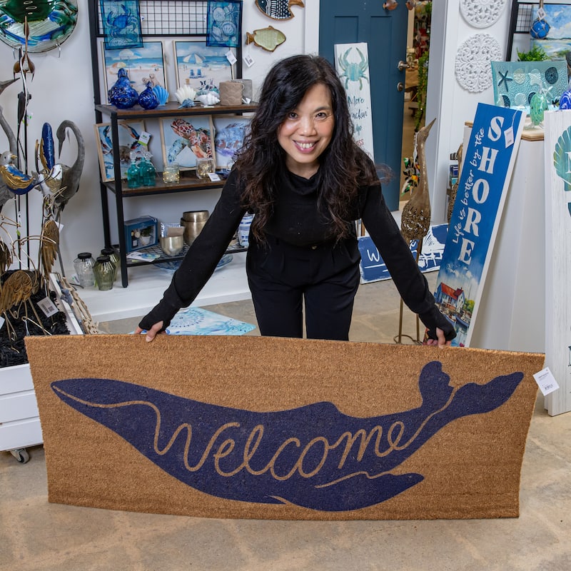 Welcome Blue Whale Coastal Coir Mat 60"x24" - 60" x 24"