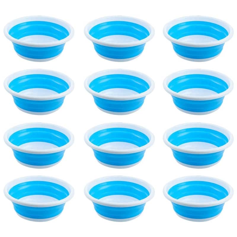 Plastic Round Collapsible Washbasin Dishpan Collapsible Saving Space, 5.5 Quart - Pack of 12 - Blue