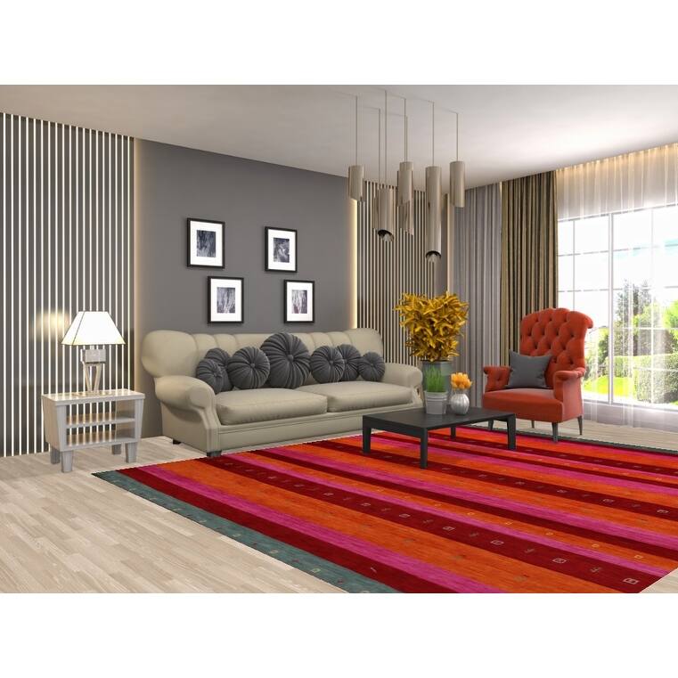 Striped Gabbeh Indian Area Rug Handmade Multi-Color Wool Carpet - 8'2" x 9'8"