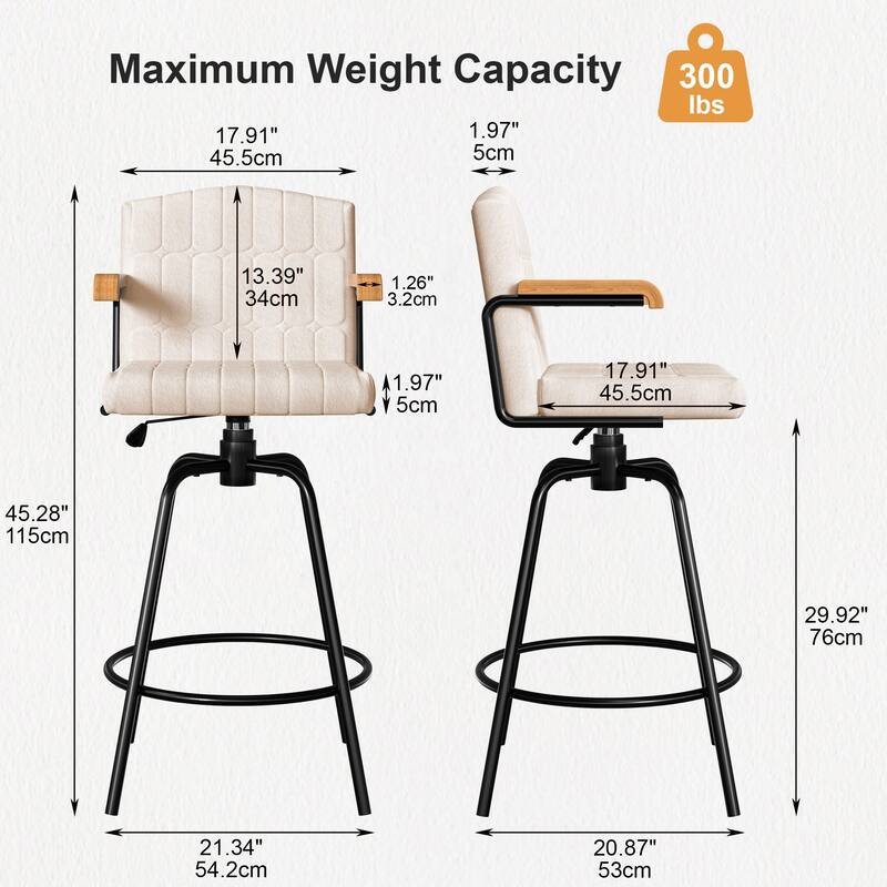 Javlergo Modern Upholstered Bar Stools with Backrest and Wooden Armrests Bar Height Stools with Metal Legs for Kitchen Dining
