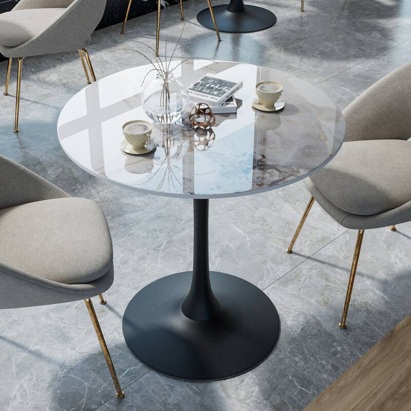Round Dining Table Marble Modern Tulip Table Slate Tabletop with Metal Pedestal Base - 31.4" Height - Jade White with Black Base