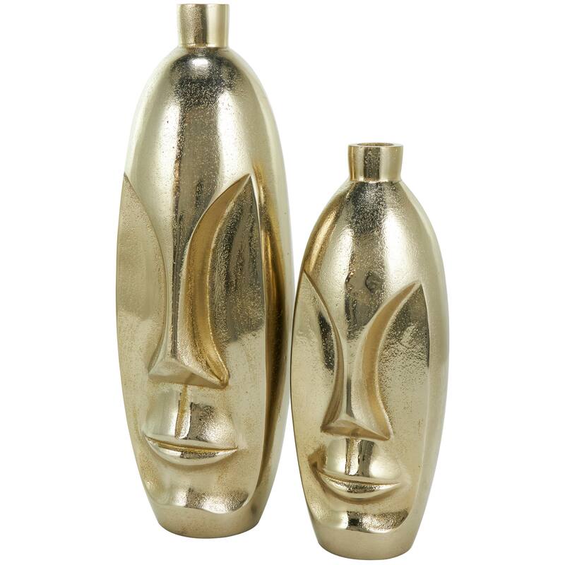Gold Aluminum Metal Face Decorative Vase with Abstract Details (Set of 2)