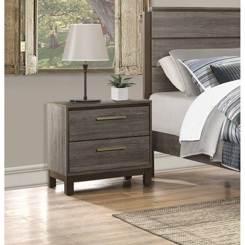 Two-Tone Antique Gray Nightstand with Brass Bar Pulls and Dovetail Drawers