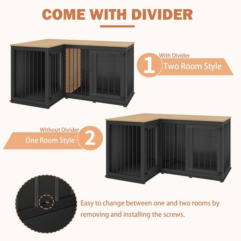 Corner Dog Crate Furniture for 2 Dogs with Double Rooms & Divider