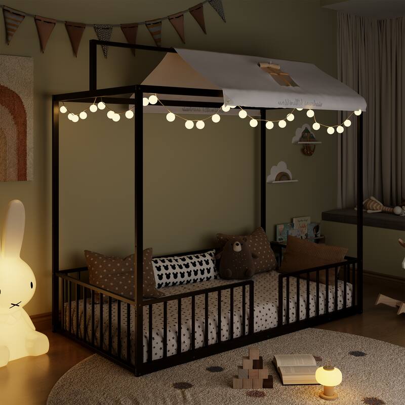 3-in-1 Convertible Metal Bed for Kids, Toddler Floor Bed, Fenced Bed and Montessori Elevated Bed with House-shaped Frame - Black - Twin