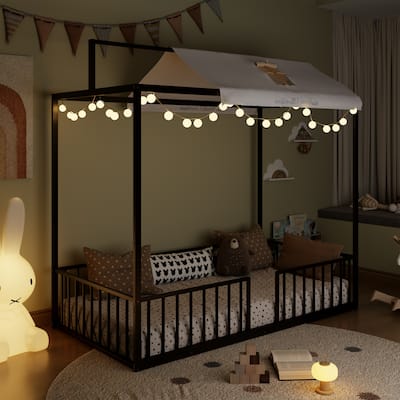 3-in-1 Convertible Metal Bed for Kids, Toddler Floor Bed, Fenced Bed and Montessori Elevated Bed with House-shaped Frame