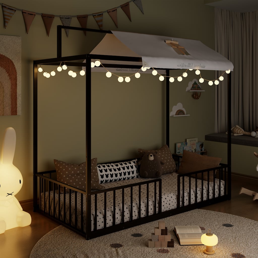 3-in-1 Convertible Metal Bed for Kids, Toddler Floor Bed, Fenced Bed and Montessori Elevated Bed with House-shaped Frame