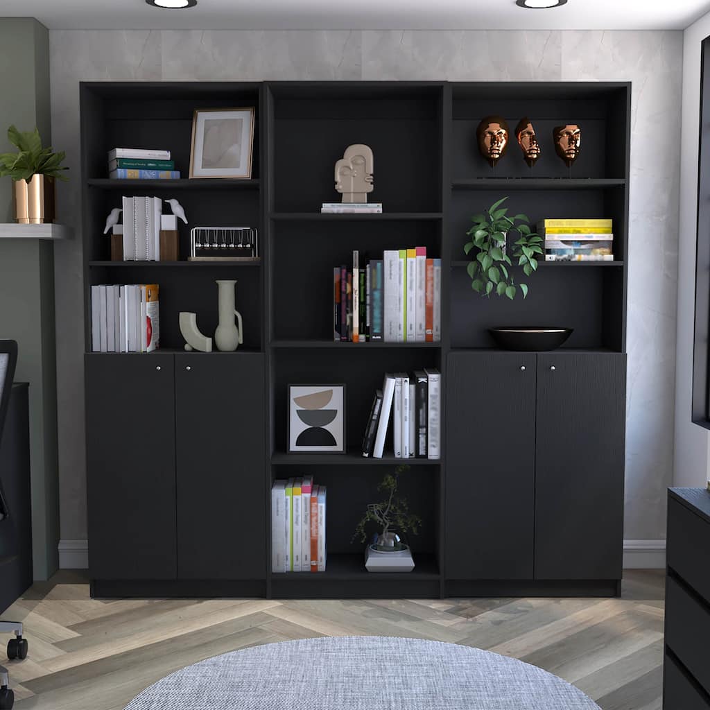 FM FURNITURE Encino 3 Piece Living Room Set with Sutton Bookcase + 2 Sutton 2-Door Bookcase, Black