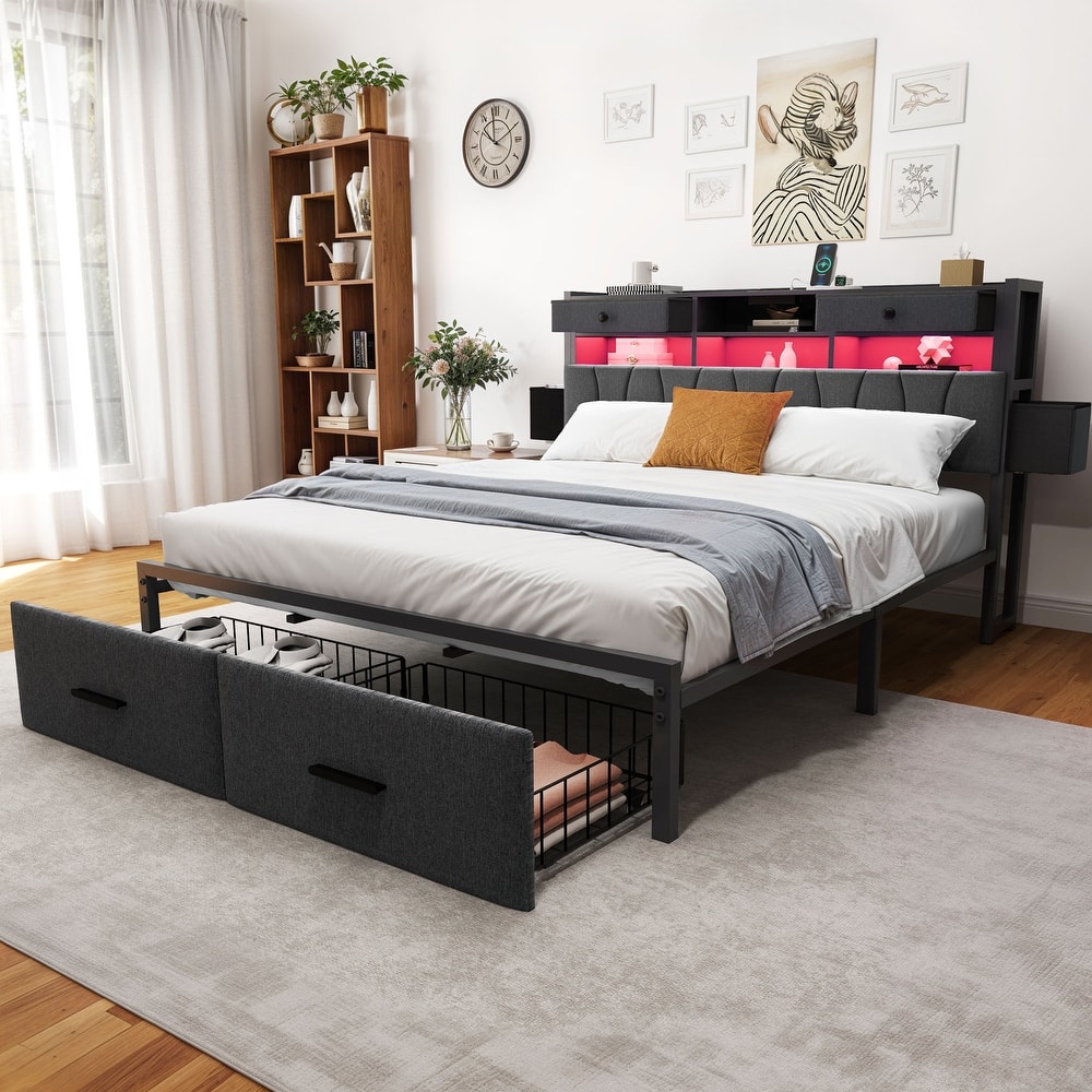 Moasis Linen Upholstered Platform Bed, Bed Frame with Hidden Storage Headboard and Charging Station
