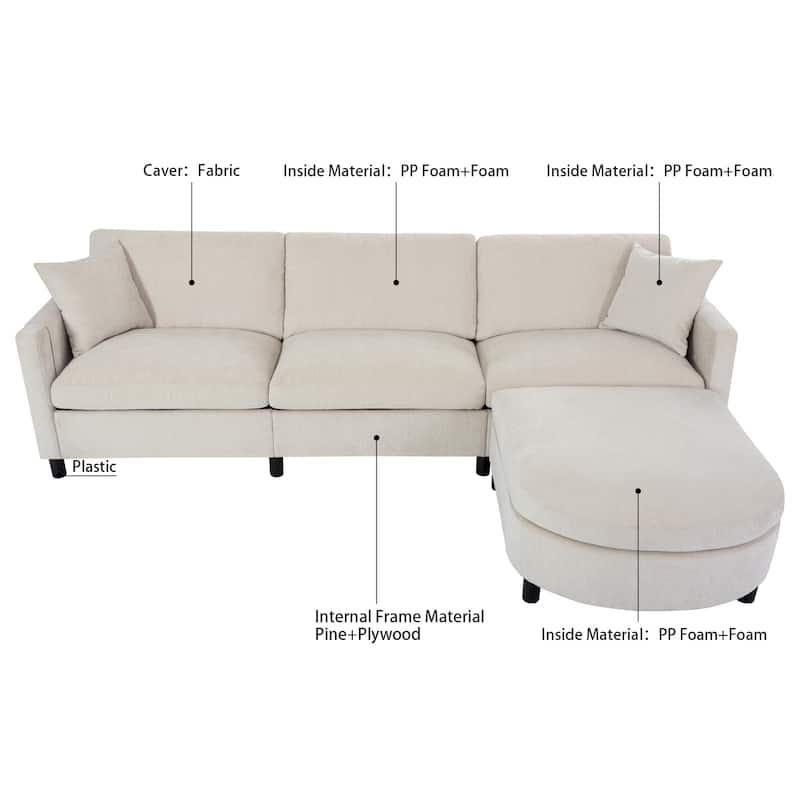 107.87" Removable Cushion 4-Seat Sectional Sofa with Movable Ottoman