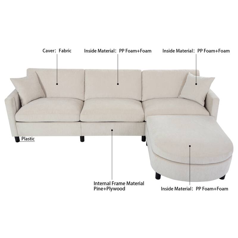 Beige 107.87'' Spacious 4-Seater Sofa with Movable Ottoman and Convenient Storage