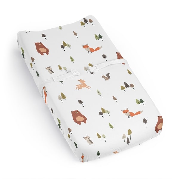 slide 2 of 6, Sweet Jojo Designs Woodland Animals Boy Girl Gender Neutral Changing Pad Cover Sheet Green Beige Watercolor Animal Brown Bear