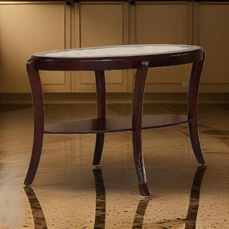 Lyn 51 Inch Console Table with Oval Glass Top and Lower Shelf, Brown Wood