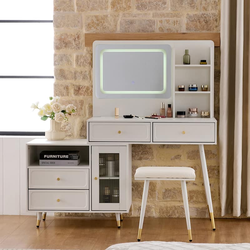 Retractable Makeup Vanity with LED Mirror, Modern Dressing Table with Power Outlet