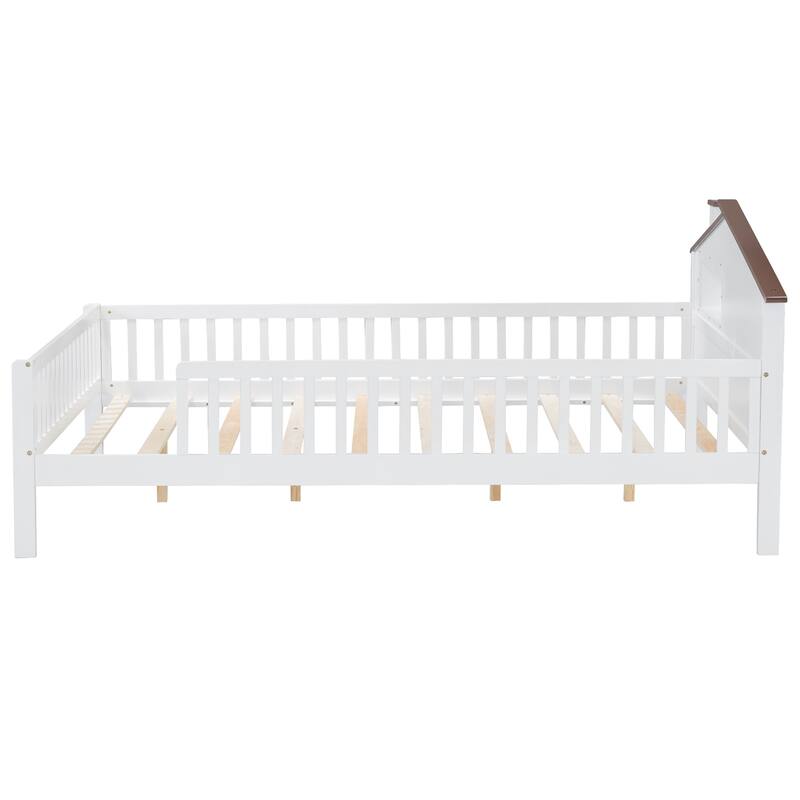 Full Size Wood Platform Bed with House-shaped Headboard, LED and Built-in Storage