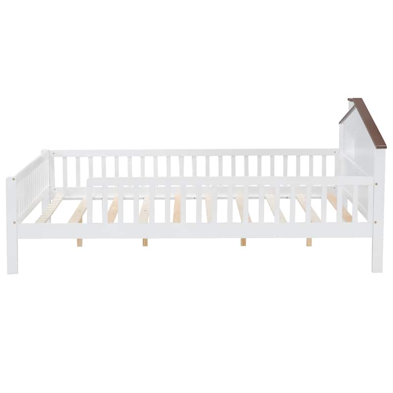 Twin Size Platform Bed with LED-Lit House Headboard, Built-in Storage Nook and Guardrails