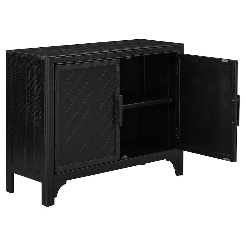 Wooden Buffet Cabinet with 2 Woven Wood Grain Doors with Adjustable Shelves Accent Cabinet with Vintage Door Handle