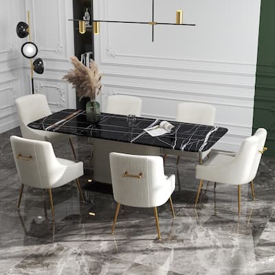 SEYNAR Modern Glam Boucle Pleated Velvet Dining Chair or Vanity Chair Set of 6 with Rear Handle