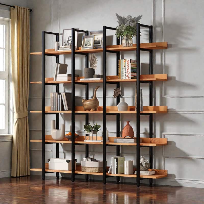 5 Tier Industrial Bookcase, Open Home Office Bookshelf with Metal Frame and MDF Shelves, Vintage Style