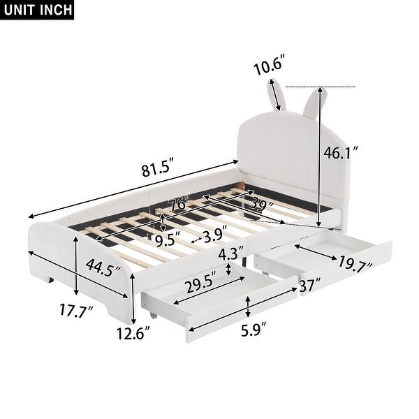 dimension image slide 1 of 2, Chenille Upholstered Twin Platform Bed, Cartoon Ears Headboard, 2 Drawers, Guardrail