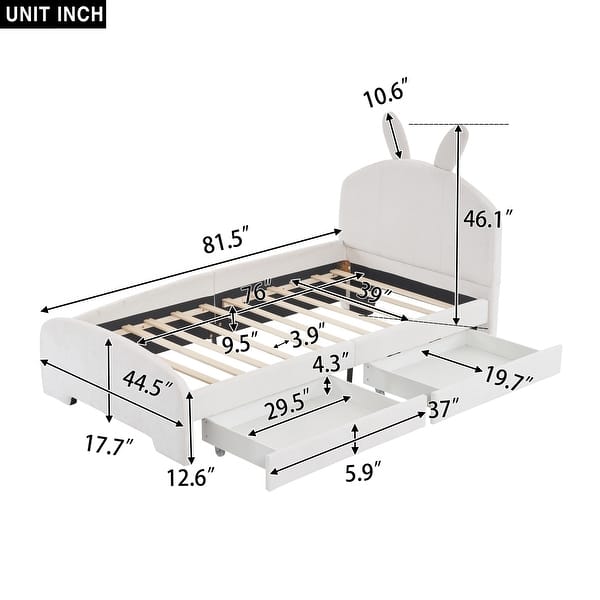 White+2 Drawers Chenille Upholstered Twin Size Platform Bed with Cartoon Ears Headboard