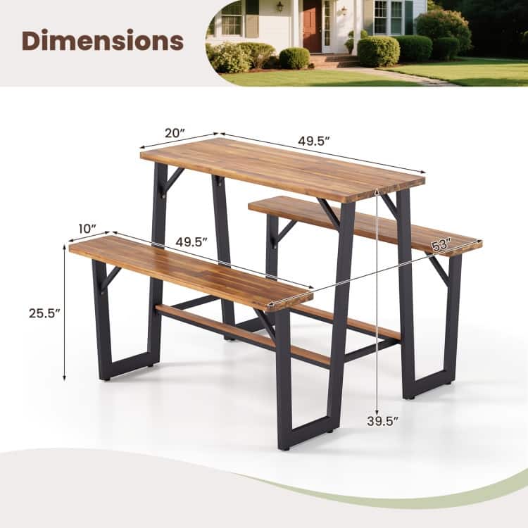 Natural Black Acacia Wood Outdoor Picnic Table with Metal Frame and Benches - 53" × 49.5" × 39.5"