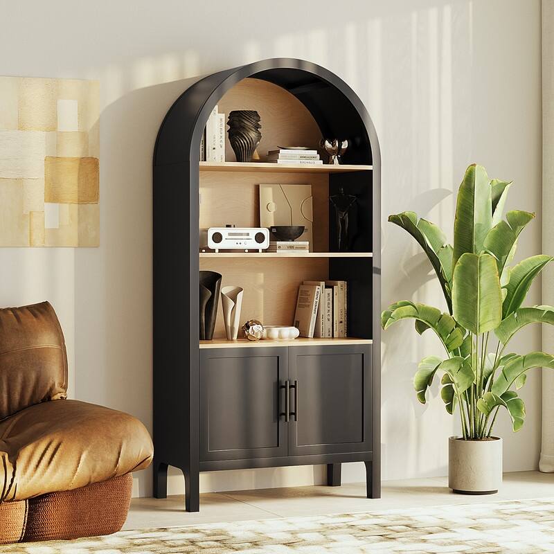 Mid-Century Modern 66.7" Arched Bookcase, 3-Tier Arched Bookshelf Cabinet