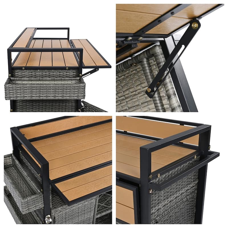 52.8"W Wicker Outdoor Grill Cart with Extended Plastic Wood Table Top