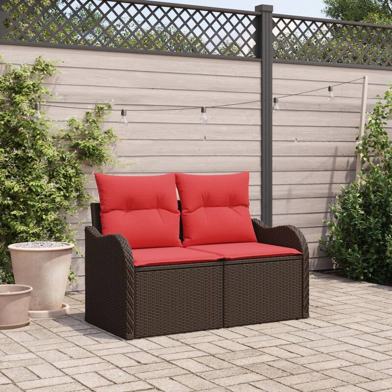 vidaXL 2-Seater Garden Sofa with Cushions Black/Brown/Grey Poly Rattan - 24.4 x 47.6 x 27.2 - Brown with storage