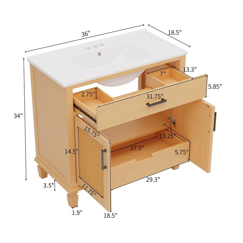 36" Free-standing Rattan Bathroom Vanity with Ceramic Sink, Soft Close Doors, Solid Wood Legs, 3 Drawers