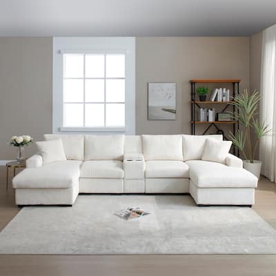 Comfy Corduroy Cloud U-shaped Sectional Sofa with Double Chiase Lounge, Built-in Storage Console and Cup Holders for Living Room