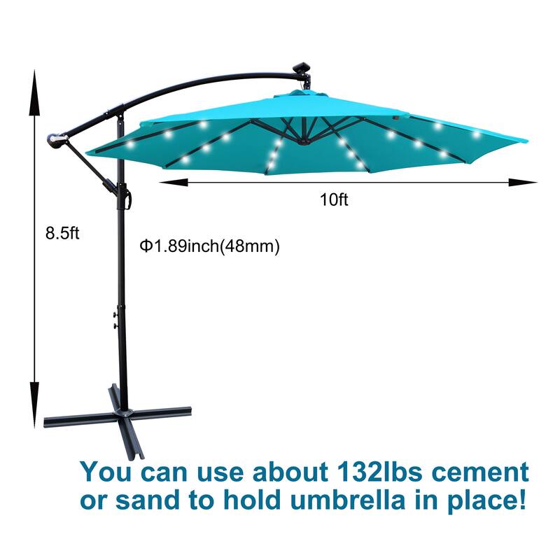 Outdoor Patio Umbrella Solar Powered LED Lighted Sun Shade Market Waterproof 8 Ribs Umbrella with Crank and Cross Base