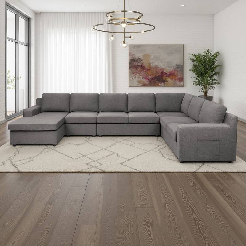 Cas Right Facing 7 Seater U Shaped Sectional Sofa Chaise, Pocket, Gray