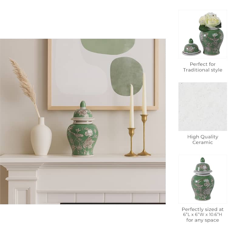 Decorative Bird and Flower Temple Jar with Lid