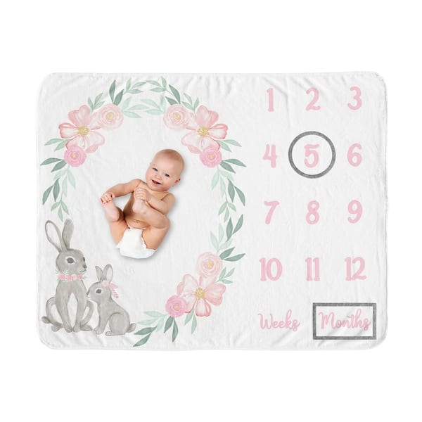 slide 2 of 6, Woodland Bunny Girl Baby Monthly Milestone Blanket - Blush Pink Mint Green and Grey Boho Floral Watercolor Rose Flower Forest