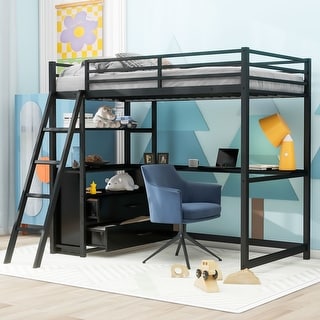 Twin Size Metal Loft Bed with Desk, Shelves, Two Storage Drawers, and Safety Barriers