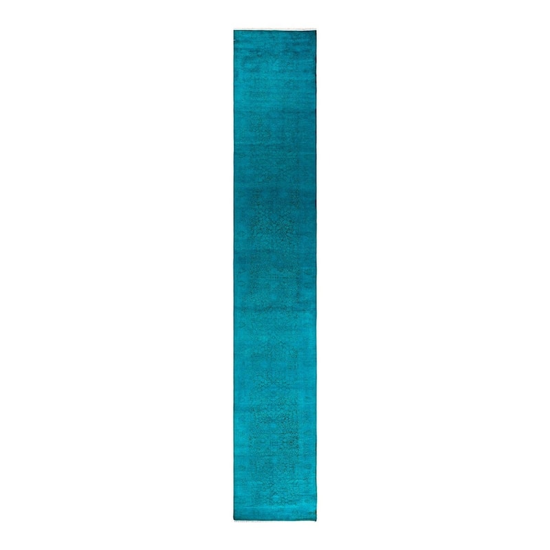Overton Hand Knotted Wool Vintage Inspired Modern Contemporary Overdyed Blue Runner Rug - 2' 9" x 18' 1"