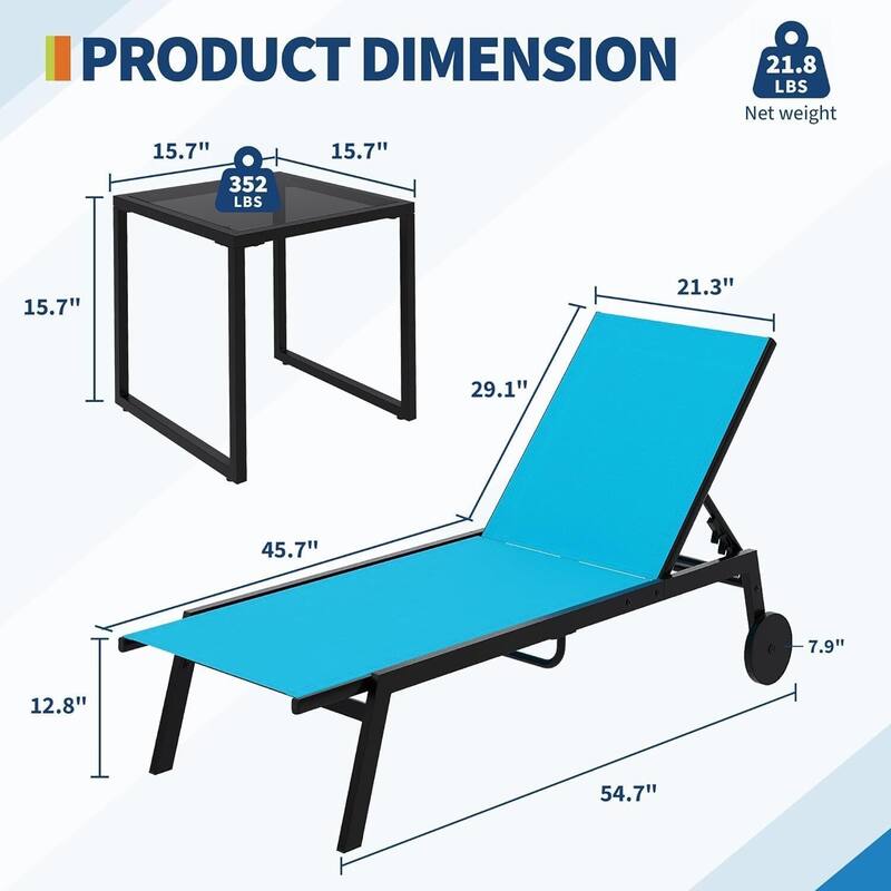 2 Patio Outdoor Textile Chaise Lounge Chairs with Side Table for Yard, Beach, Lawn, Porch, Garden