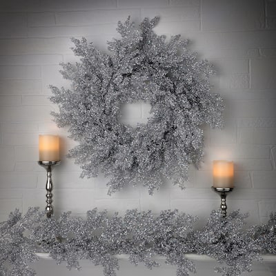 24" Lazer Glitter Pine Wreath - Silver - 24